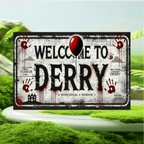 HELLOYOUNG Spooky Vintage Horror Metal Sign Welcome to Derry Rustic Wall Art with Blood Splatter Handprints and Creepy House Design for Home Bar Club Bedroom Man Cave Halloween Decor