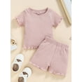thumbnail image 2 of Gureui Kids Baby Girls Outfits, Casual Round Neck Short Sleeve Ribbed Solid Color T-Shirt + Shorts 2Pcs Clothes Set, 2 of 9