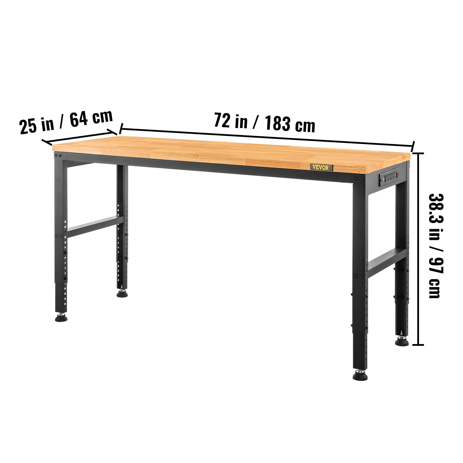 VEVOR Adjustable Workbench, 72" x 25" Multi-Purpose Work Bench with 28.5" - 38.3" Height Range and 2000 lbs Capacity, Power Outlets & Hardwood Top & Metal Frame & Foot Pads, Workshop Garage Table