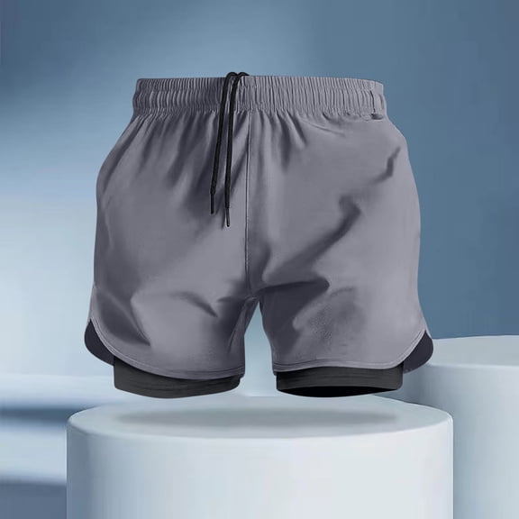 Ceisia Men's Summer Solid Color Double-Layer Gift Running Shorts - Breathable Quick-Dry Fitness Drawstring Elastic Waist Shor ts