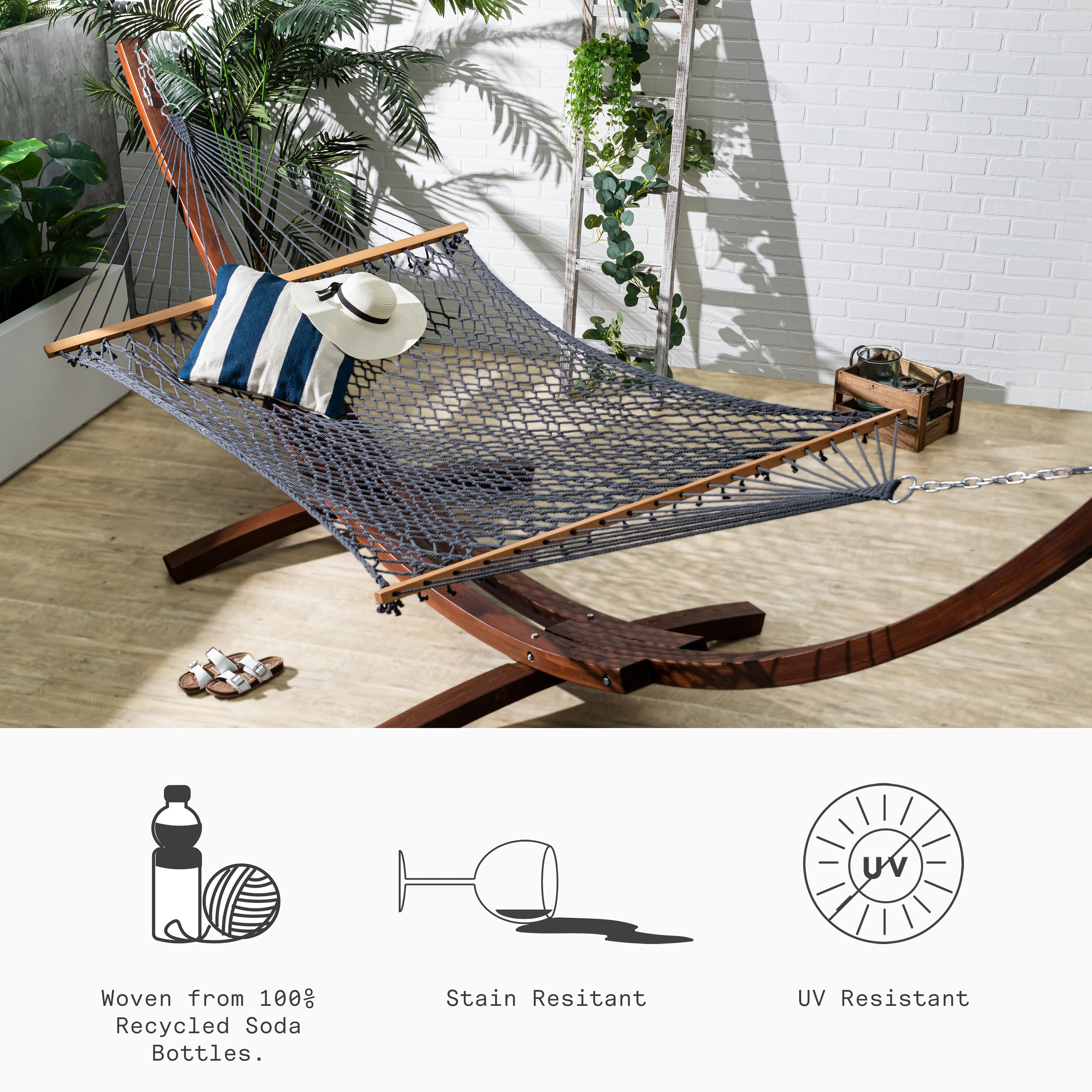 Fab Habitat 12 -14 ft Adjustable Quick Dry Recycled Polyester Rope Hammock, Fade Resistant, 2 Person Indoor/Outdoor (460lbs Capacity) for Patio, Poolside, Backyard, Garden, Balcony, Miami - Charcoal