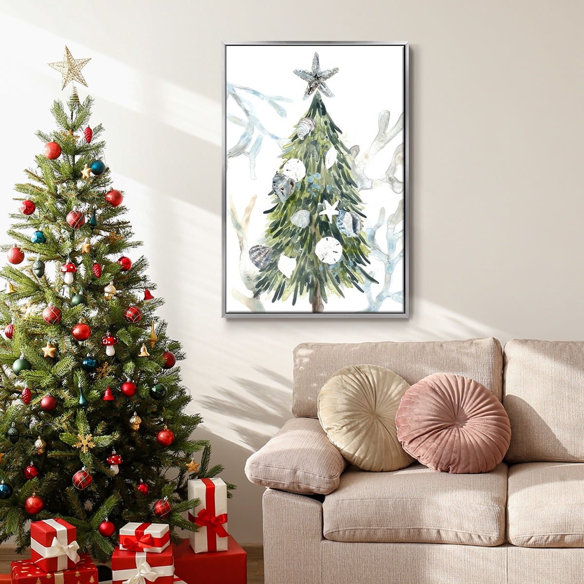 Coastal Christmas Shell Collection B - Framed Gallery Wrapped Holiday Canvas - 17 x 25 - Silver Frame