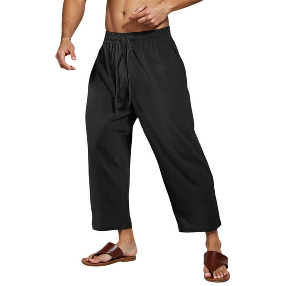 XIAOCHA Men's Wide-Leg Pants Loose Cotton Drawstring Trousers Breathable Casual Boho Wear PantsBlackL
