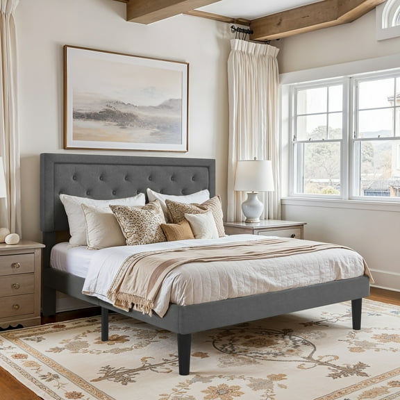 Amolife Full Bed Frame with Adjustable Headboard, Fabric Upholstered Platform Bed, No Box Spring Required, Dark Gray