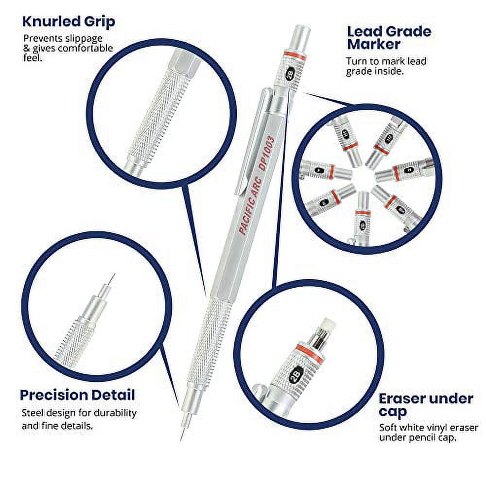 Pacific Arc - Chromograph Metal Mechanical Pencil .9 mm Silver Barrel Mechanical Pencil with Built In Adjustable Pencil Grade, Lead Pencil Holder for Drafting, Sketching, and Drawing