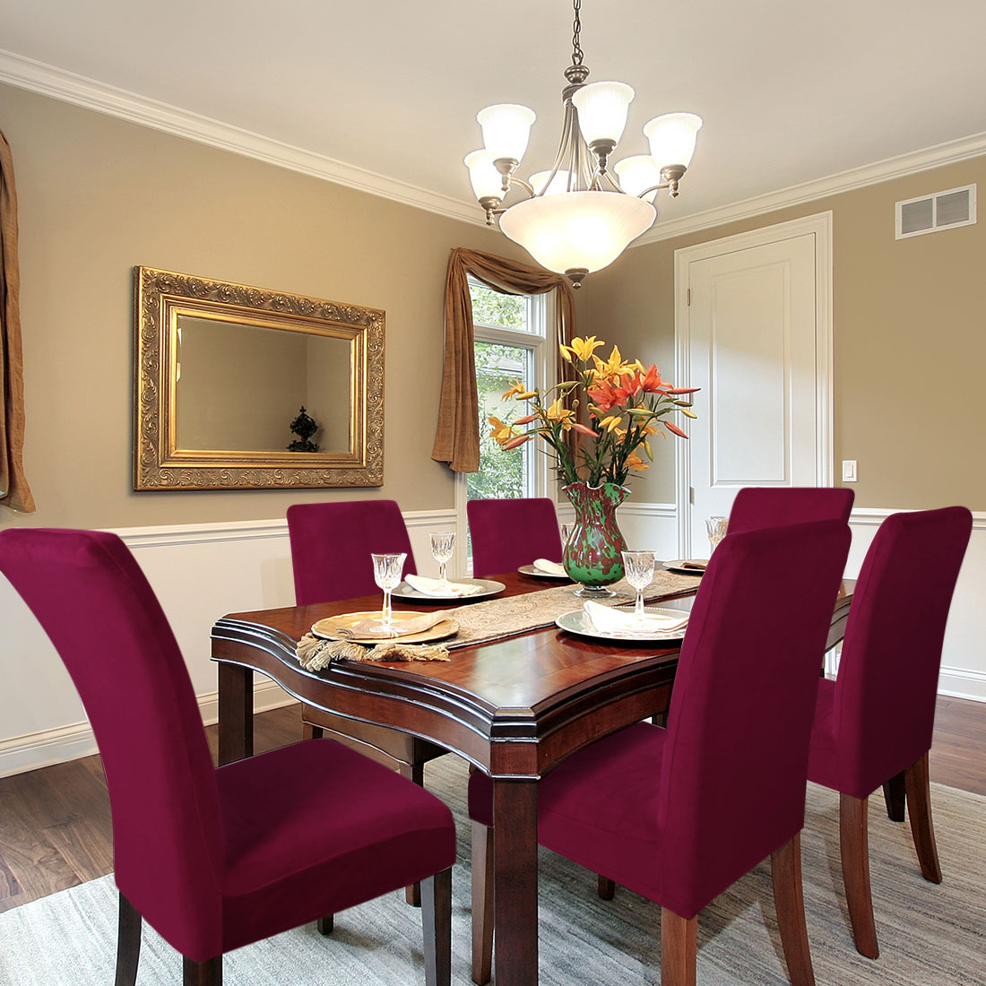 PiccoCasa 4-Piece Stretch Velvet Plain Dining Chair Covers Slipcover