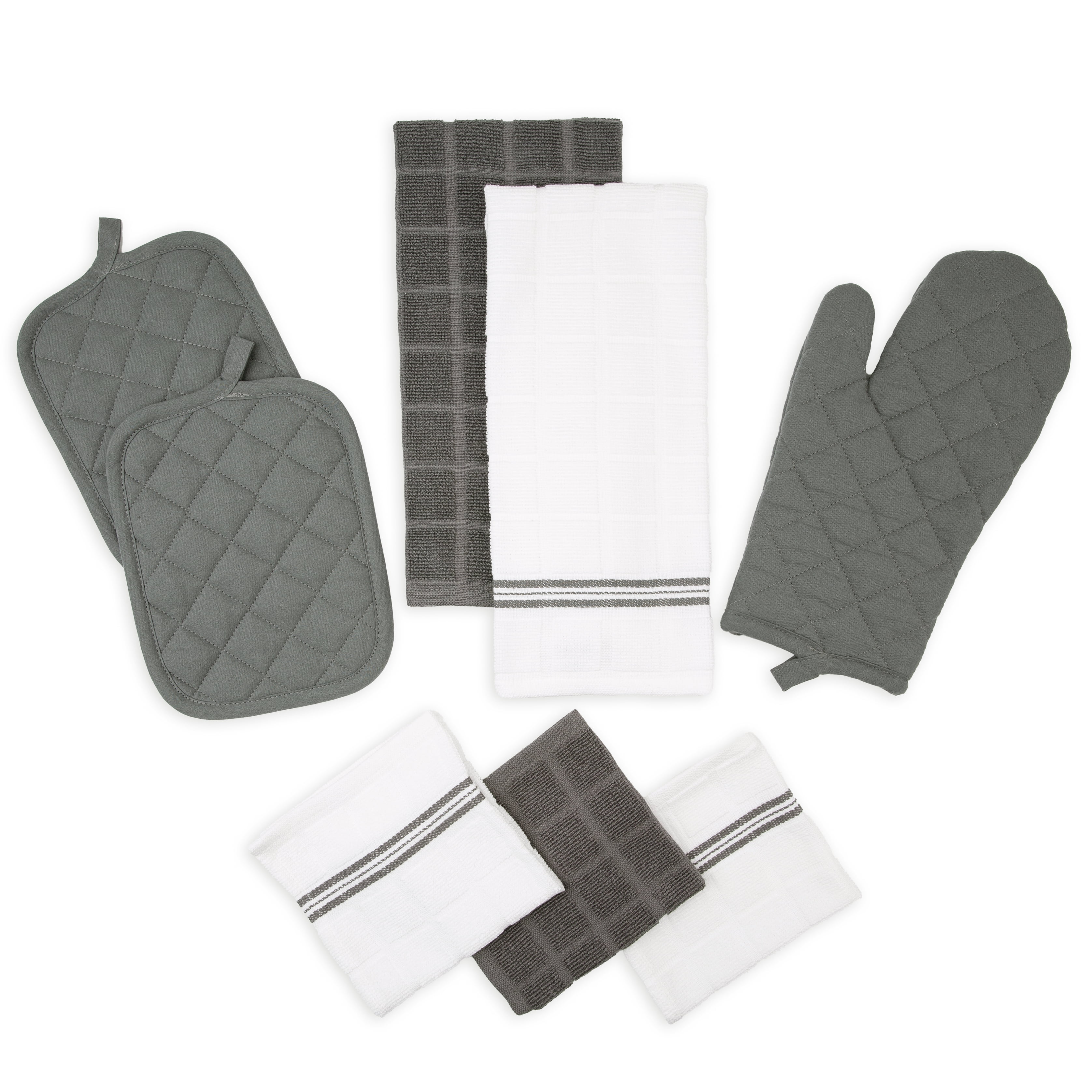 (4 pack) Mainstays 8-Piece Cotton Kitchen Towel, Dishcloth, Oven Mitt, and Pot Holder Set, Gray