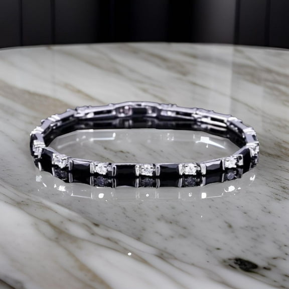 925 Silver Black Spinel With White Zircon Tennis Bracelet With Gold Plating In Sterling Silver 925, Black Diamonds,Christmas gift's, For Her