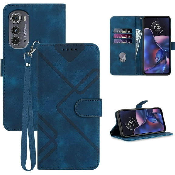 for Motorola Edge 2022 Case Wallet,Card Holder Leather Kick-Stand,Wrist Strap,Magnetic Closure Protector,Shockproof Protective Flip Cases Cover for Moto Edge | 2022 (Blue)