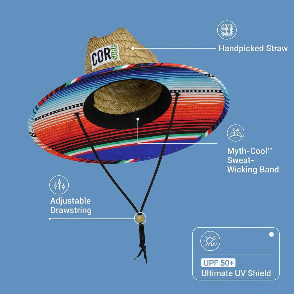 Straw Beach Hat - UPF 50+ Cotton Patriotic Under Brim Lifeguard - Drawstring Fit - X-Large