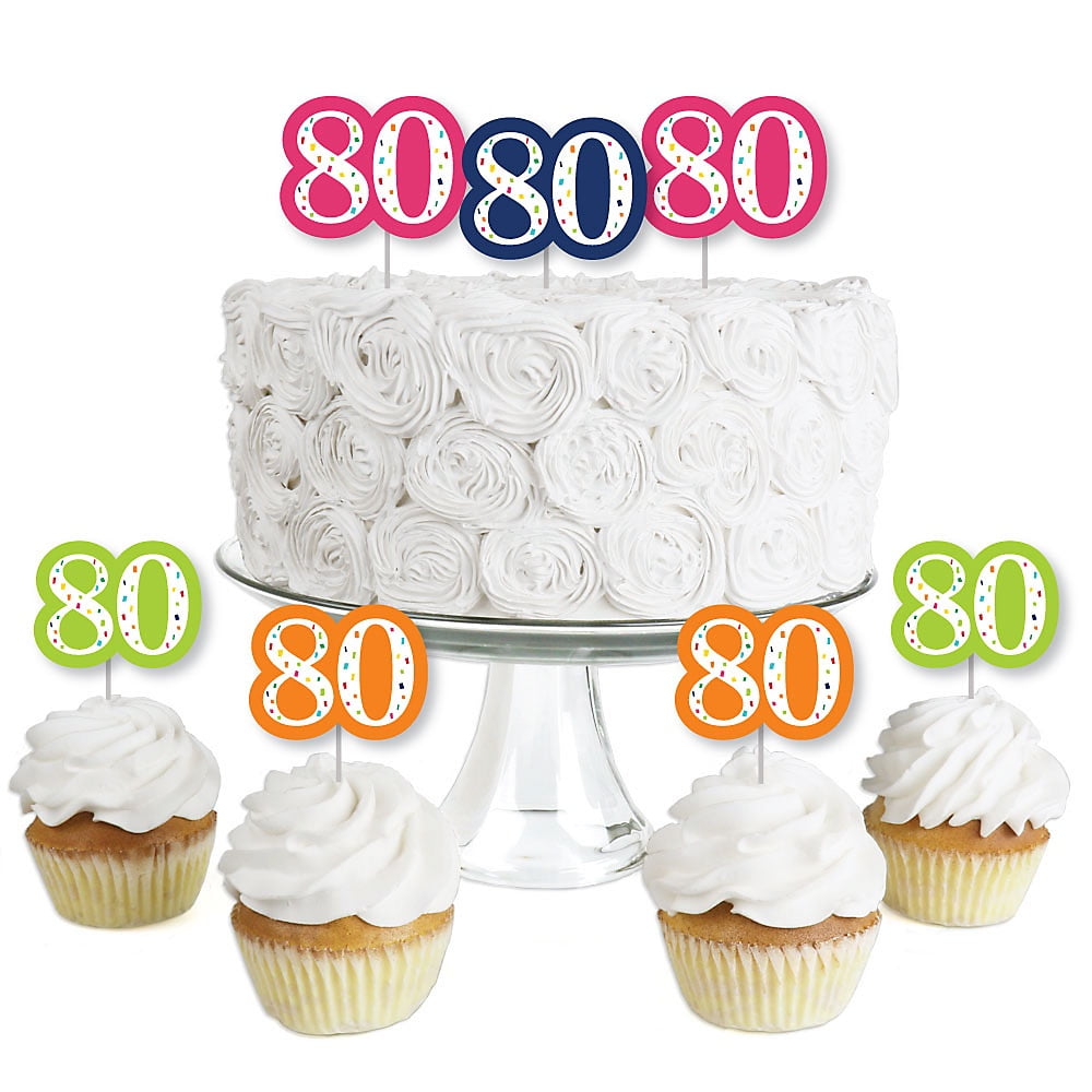 Big Dot of Happiness 80th Birthday - Cheerful Happy Birthday - Dessert Cupcake Toppers - Colorful Eightieth Birthday Clear Treat Picks - Set of 24