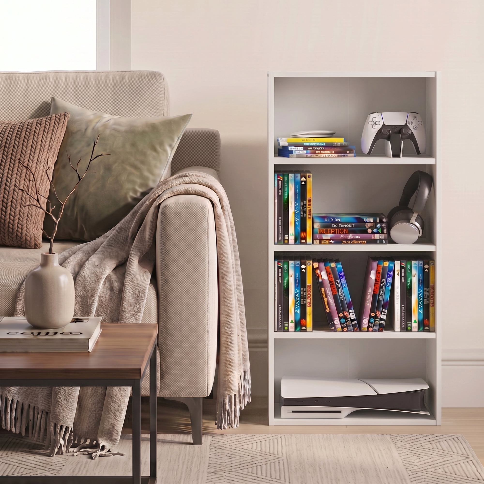 Furinno BASIC DVD Shelf, 4-Tier CD Rack with Open Shelf, Media Shelf, DVD Storage Cabinets for CD Blueray Game Disc, 7 x 17 x 35, for Living Room, Bedroom, Home Office, White