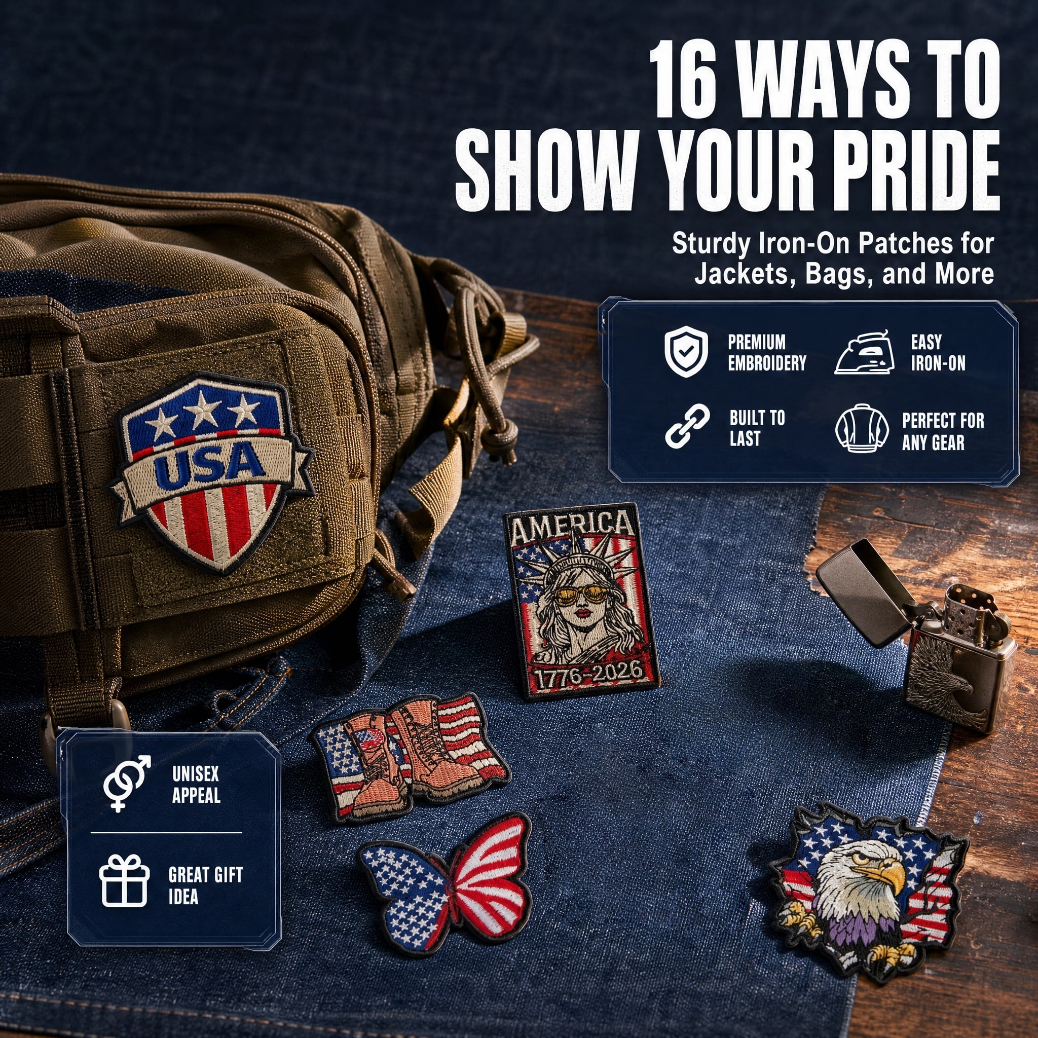 16 Pieces USA 250th Anniversary Iron On Patches, Patriotic Sew On Embroidered Patches, American Flag 1776-2026 Freedom Patches for Jackets Hats Backpacks Jeans