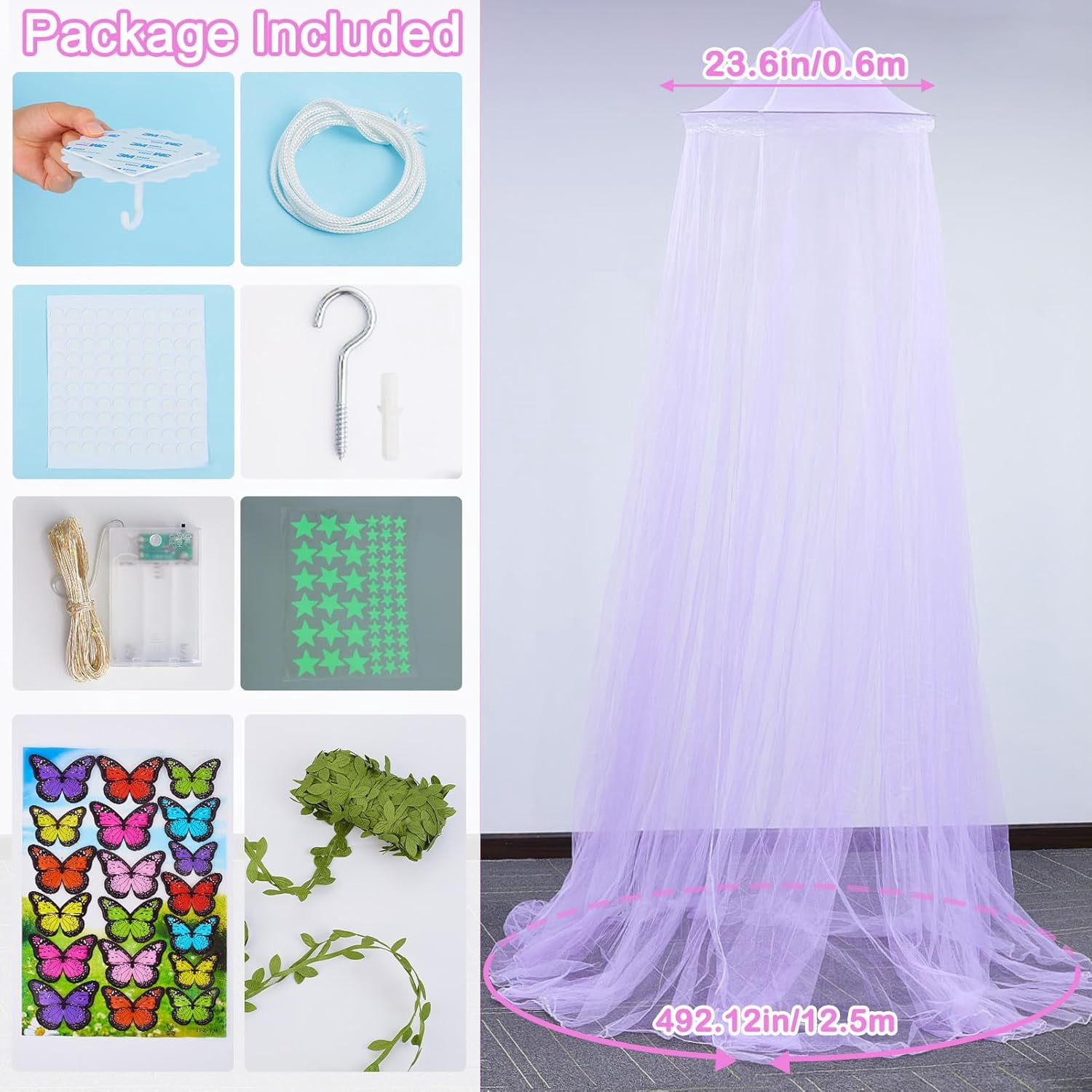 CAILDANL Bed Canopy for Girls Room Bed Canopy Curtains with Led Lights Mosquito Net DIY Princess Room Décor with Stars Butterflies for Kids Bedroom, Hot Pink