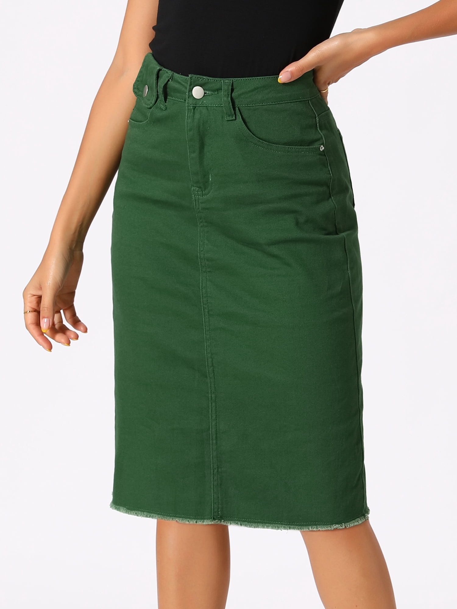 DARING DIVA Women's Jean Back Vent Midi Length Denim Skirts S Green