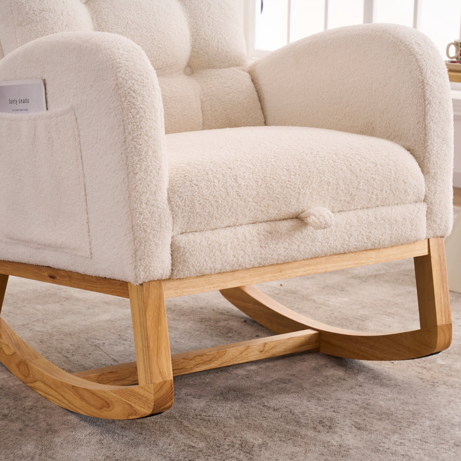 AOOWOW Teddy Nursery Rocking Chair with Retractable Foot Rest,Glider Rocking Chair,  Beige White