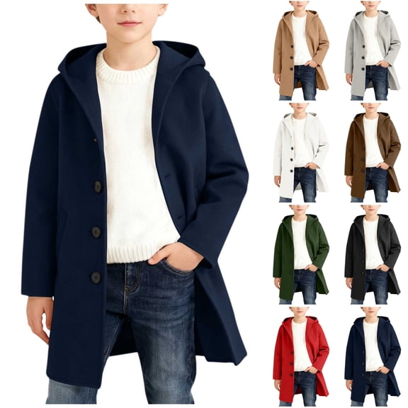 Husipze Kids Wool Blend Winter Trench Coat Single Breasted Hooded Pea Coat Long Overcoat Warm Casual Overcoat Navy 5 Years