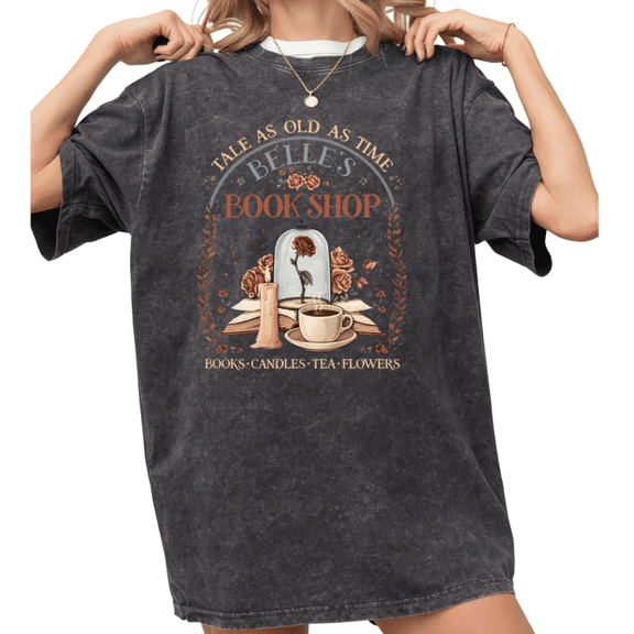 UNISHE Women's "Tale as Old as Time" Belle's Book Shop Vintage Washed T-Shirt Short Sleeve Crewneck Relaxed Fit Tee