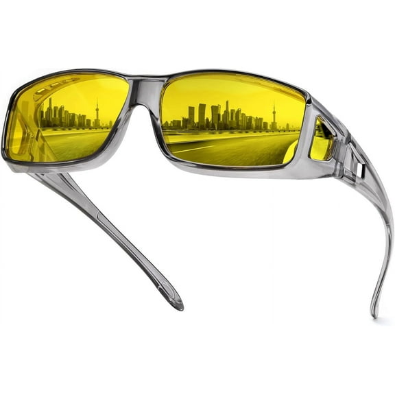 FEISEDY Men Women Night Driving Glasses Fit over Glasses Anti-Glare Polarized Wrap Yellow Sunglasses Over Glasses B2593