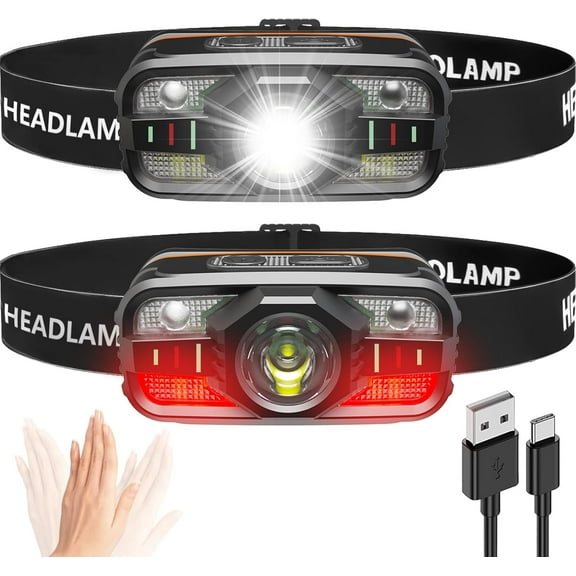 Headlamp Rechargeable, 2000 Lumen Ultra-Light LED Headlight with White & Red Light, Motion Sensor, 11 Modes, Waterproof, Adjustable Headband for Outdoor Camping, Hiking, Fishing (2-Pack)