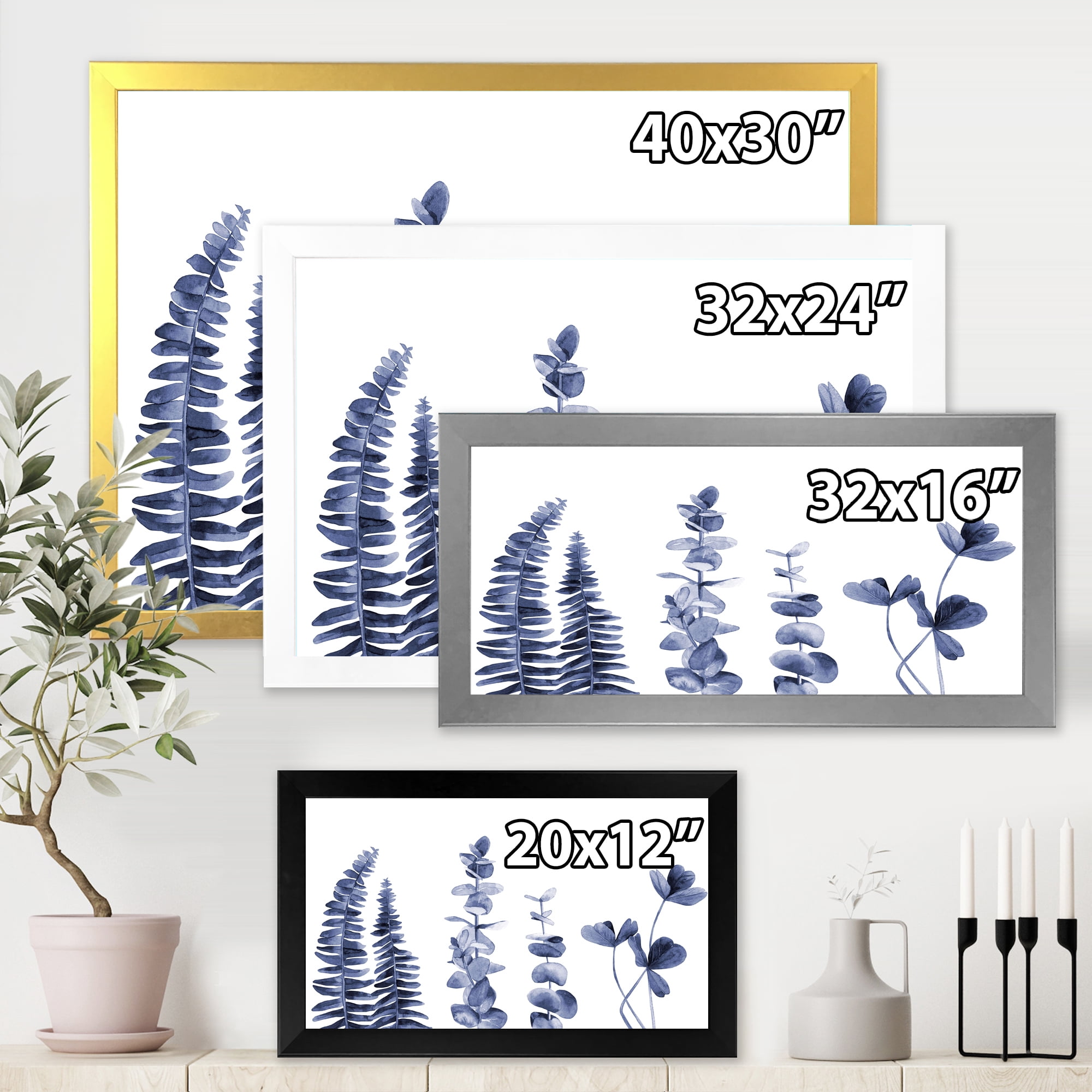 Designart 'Navy Blue Eucalyptus On White I' Traditional Framed Art Print