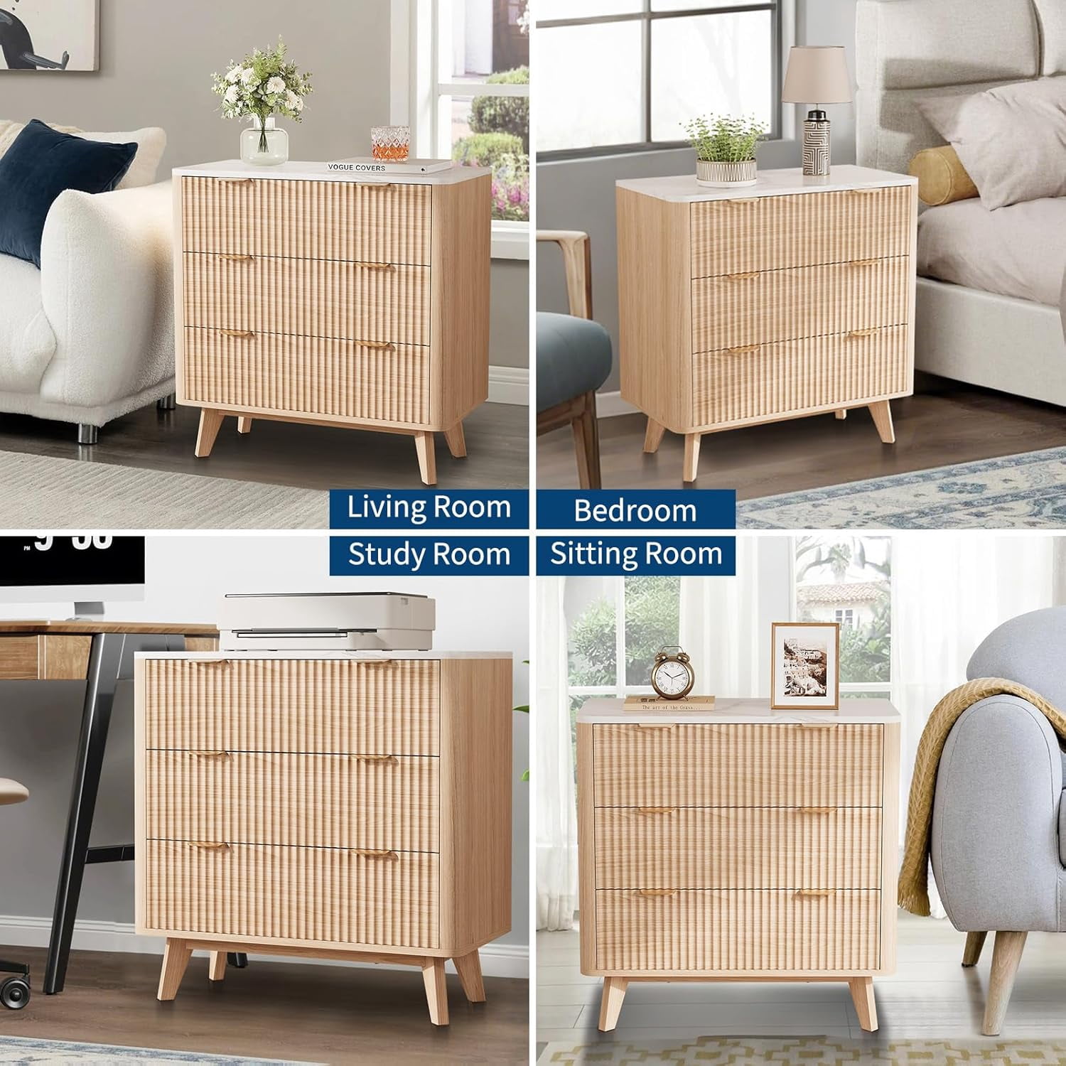 Garvee Farmhouse Nightstand for Living Room, 32" x 15.7" x 32", with 3 Drawers, Oak