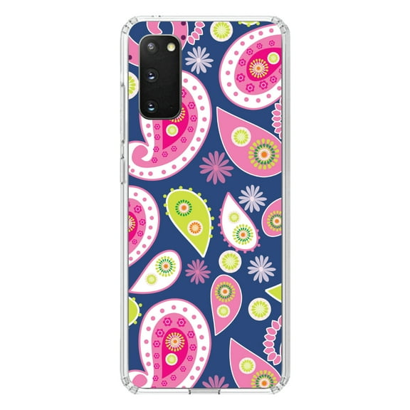 DistinctInk Clear Shockproof Hybrid Case for Galaxy S20 PLUS / 5G (6.7" Screen) - TPU Bumper, Acrylic Back, Tempered Glass Screen Protector - Pink Green Navy Paisley