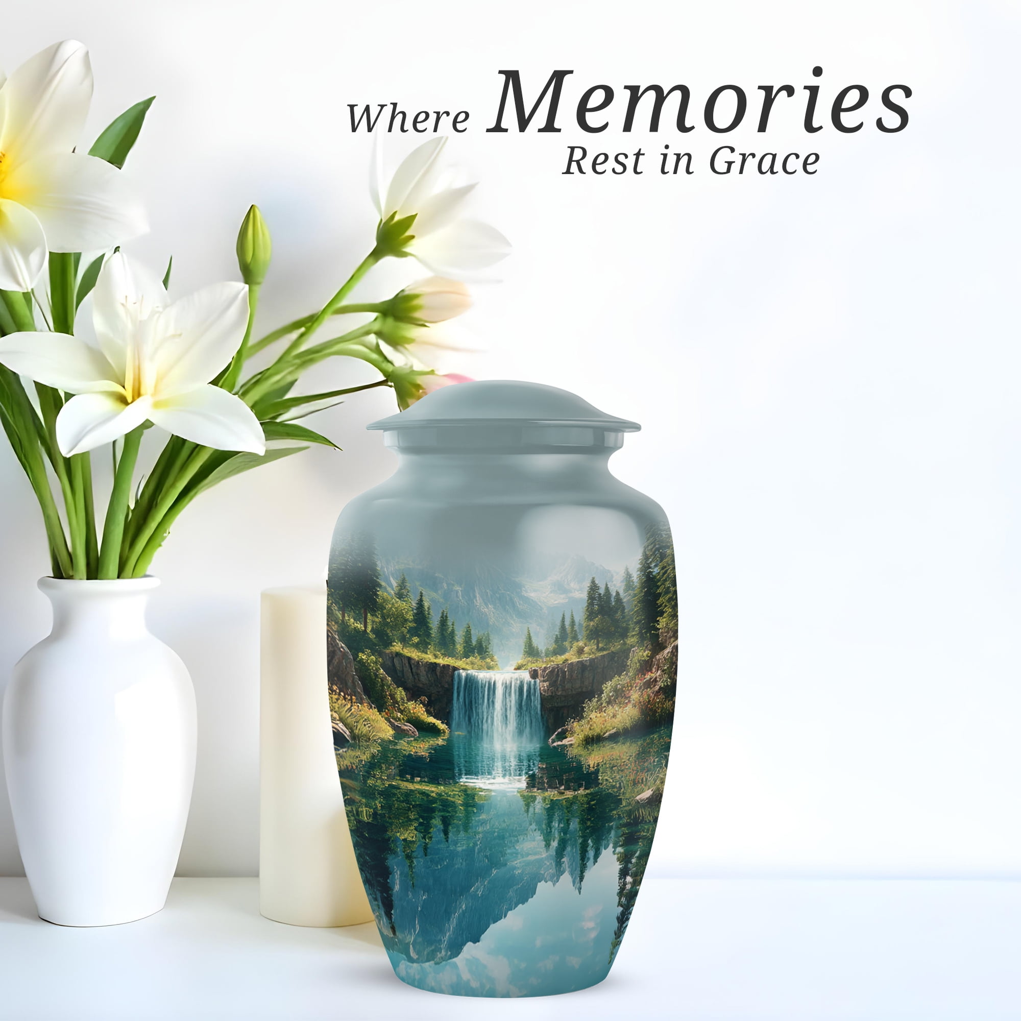 Waterfall Large Decorative Urns For Human Ashes Women, Cremation Urns For Adult Ashes, Blue Urn For Mom And Dad, Funeral Urn For Adults Male And Female, 10 Inch