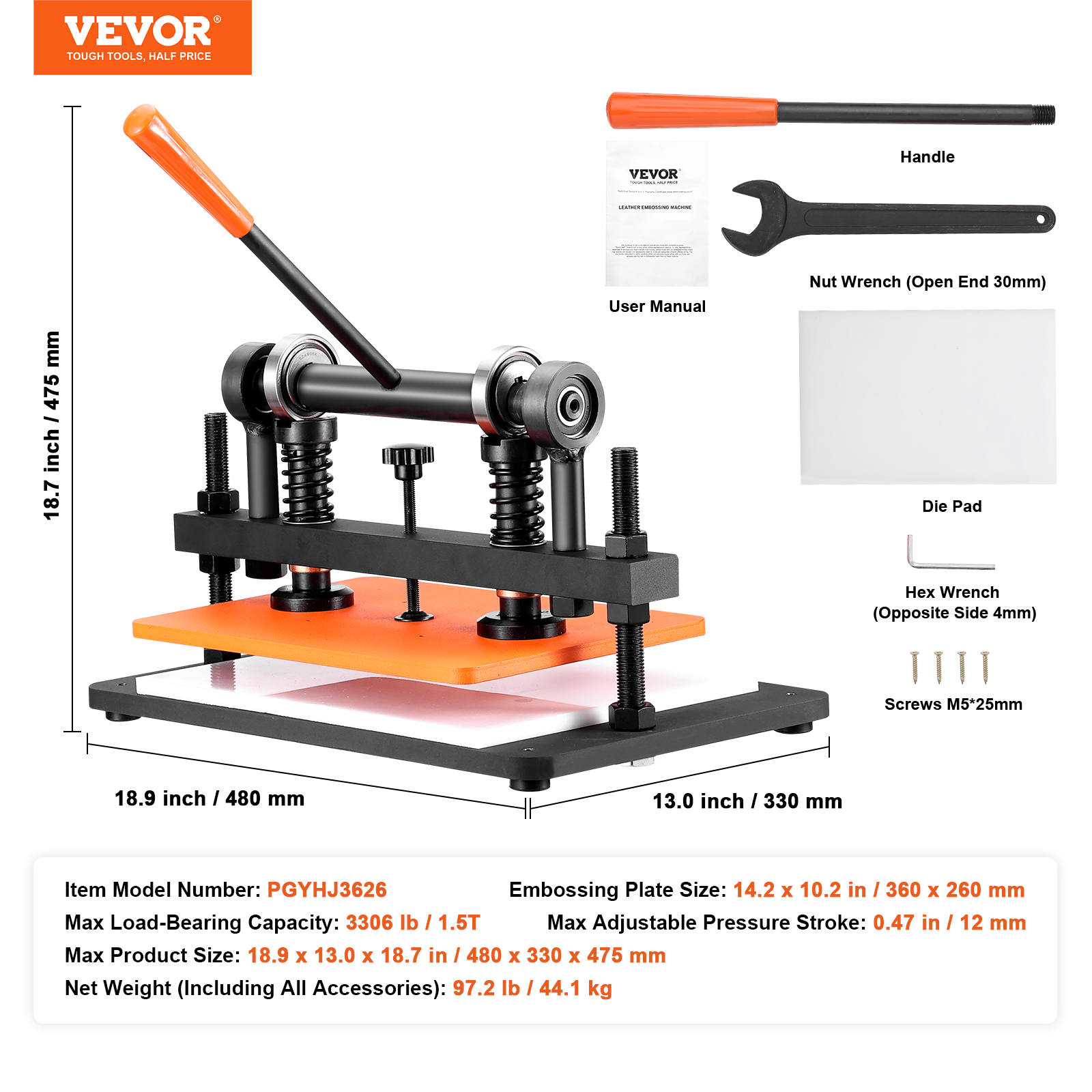 VEVOR Leather Cutting Machine, 14.2 x 10.2 in Embossing Plate Manual Die Cutter, 0.47 in Pressure Stroke Dual Guide Shafts Die Cut Machine, Leather Embossing Machine for Various of Materials