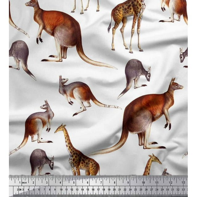 Soimoi White Poly Georgette Fabric Kangaroo & Giraffe Animal Decor Fabric Printed Yard 52 Inch Wide