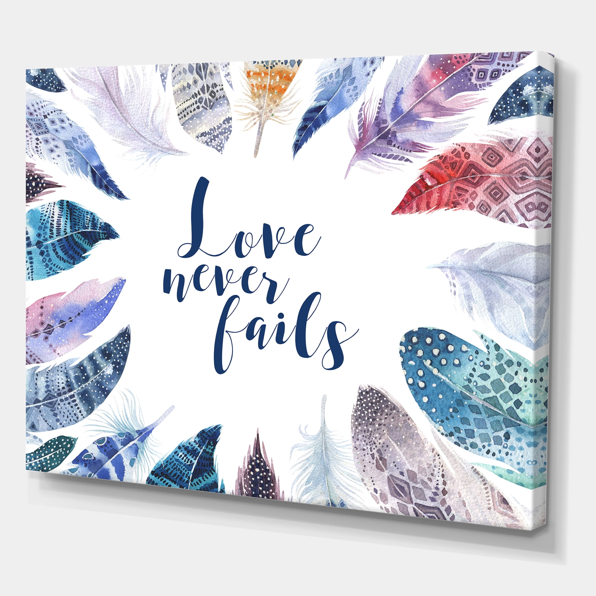 Designart ' Inspiring Quote With Boho Feathers ' Bohemian & Eclectic Canvas Wall Art Print