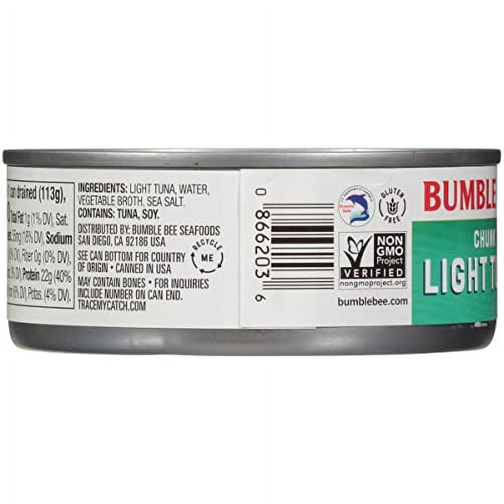 Bumble Bee Chunk Light Tuna in Water, 5 oz Cans (Pack of 48) - Wild Caught Tuna - 22g Protein per Serving - Non-GMO Project Verified, Gluten Free, Kosher - Great for Tuna Salad and Recipes, Green