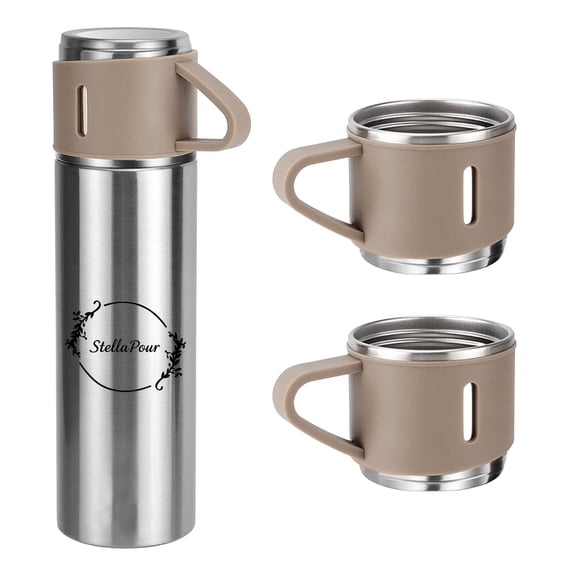 Stella Pour Stainless Steel Vacuum Insulated Water Bottle with Cup – 500ml/16.9oz Thermo Flask, Hot & Cold Coffee Thermos, Leakproof BPA-Free Travel Flask – BROWN