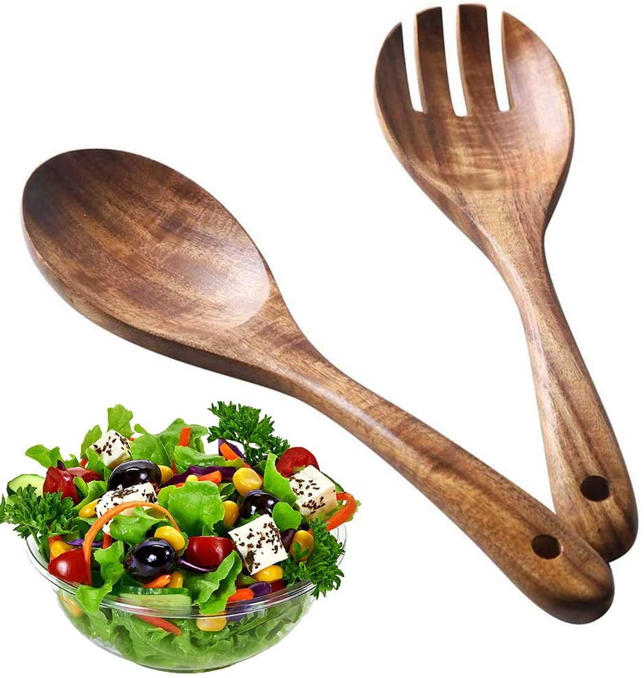 2 Pcs Wooden Salad Servers, Wooden Spoon Fork Salad Servers Reusable