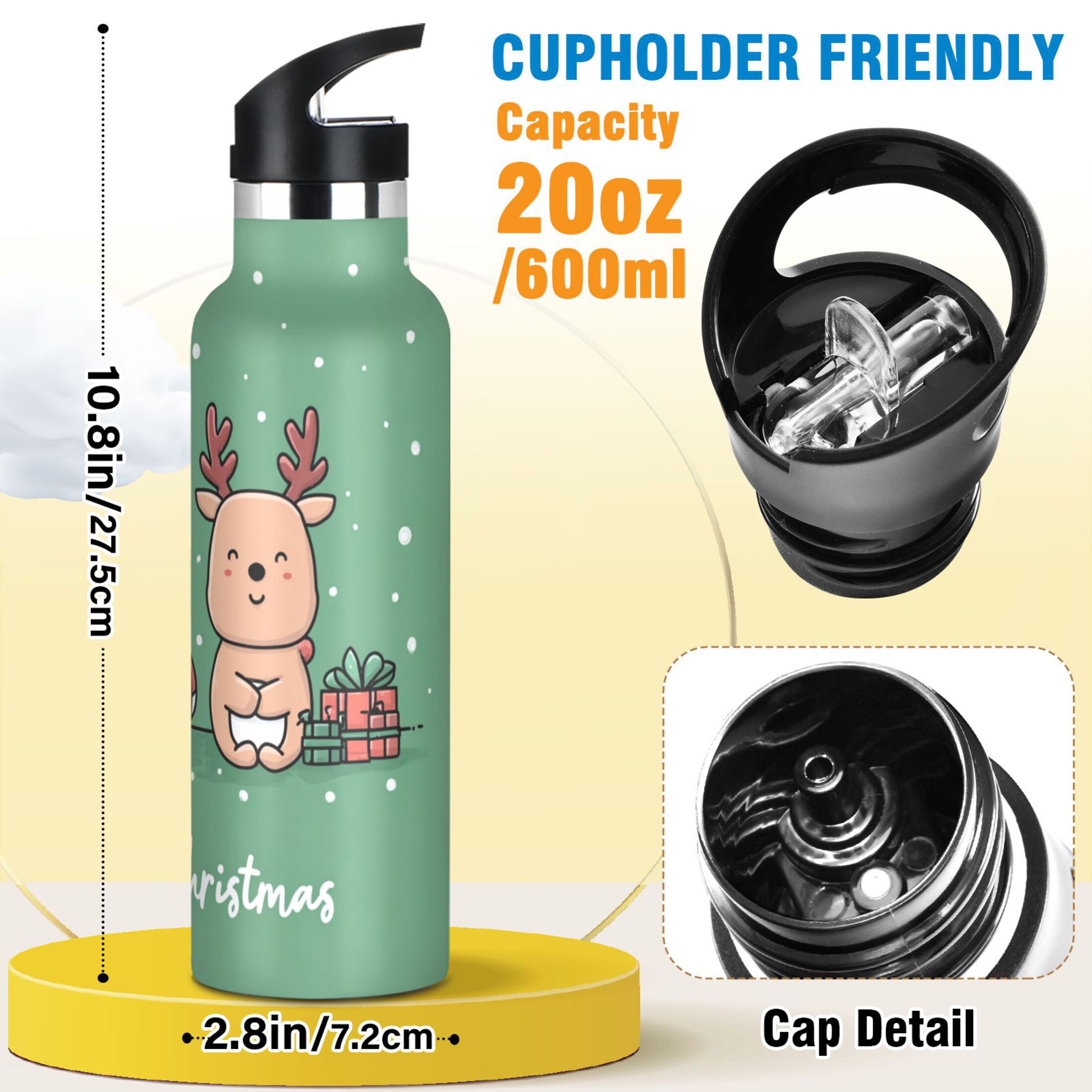 600ML Stainless Steel Insulated Cup Sports Water Bottle Portable Thermos Cup Water Glasses Insulated Tumblers Convenient and Durable Christmas Reindeer Cartoon
