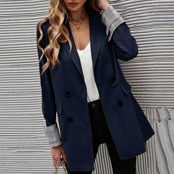 Manteaux et Vestes Femmes à la Mode Vêtements d'Affaires Couture Couleur Unie Plaid Imprimé à Manches Longues Cardigan Manteau Bleu Marine XL JCO