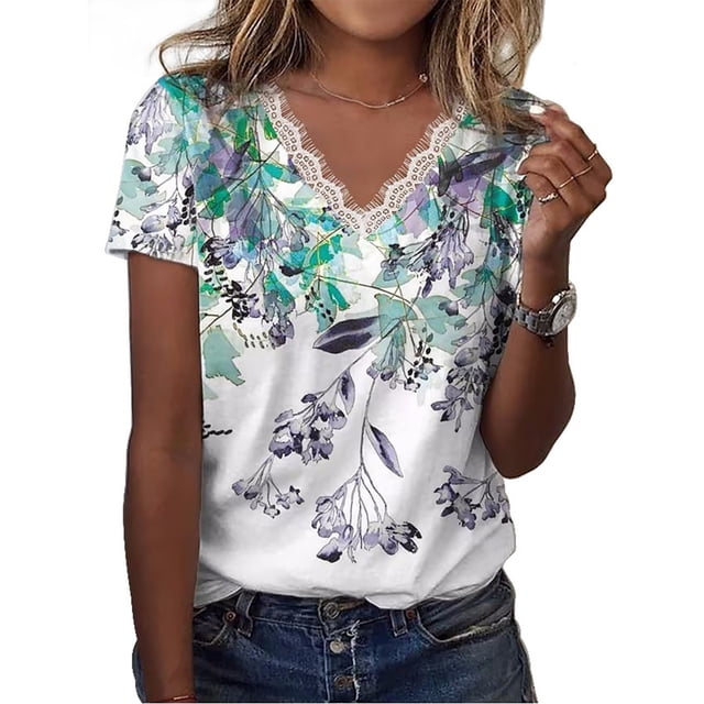 Camiseta De Verano Para Mujer Camiseta Suelta De Manga Corta Con Cuello En V Adorno De Encaje Top Estampado Floral Para Mujer Impresión C Verde XL