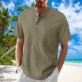 thumbnail image 2 of Taqqpue Men Cotton Linen Shirt Casual Short Sleeve Solid Color T Shirt Summer Beach Band Collar Pocket Button Tee Top, 2 of 8