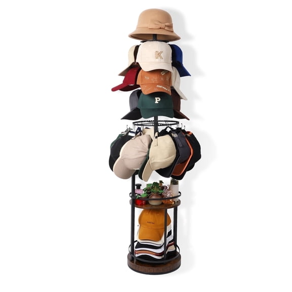Olakee Rotating 5-Tier Hat Rack Floor Standing Holds 150 Hats, with 10 Adjustable Hooks, Wood and Metal, Black and Brown