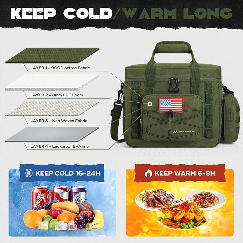 Maelstrom Tactical Lunch Box, 23 L Insulated Lunch Bag for Men, Expandable Double Deck Lunch Cooler Bag,Large Leakproof Soft Lunch Tote with Detachable MOLLE Bags, for Adult Women Work,Picnic,Khaki