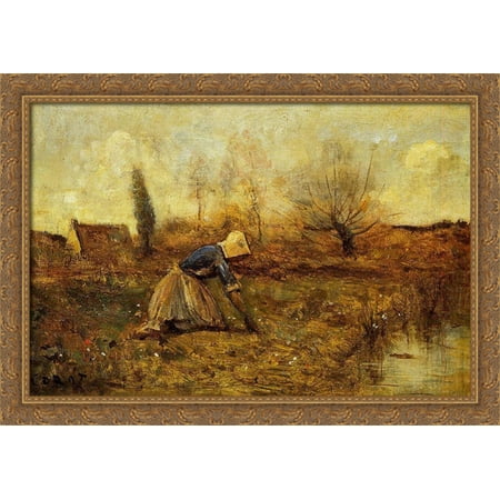 Large Dandelion Farmer Kneeling Picking Dandelions 40x28 Large Gold Ornate Wood Framed Canvas Art by Camille Corot ()