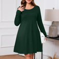 thumbnail image 4 of Women's Plus Size Solid Color Casual Spring Autumn Dress - Round Neck Long Sleeve with Pockets - Dark Green XXXL, 4 of 4