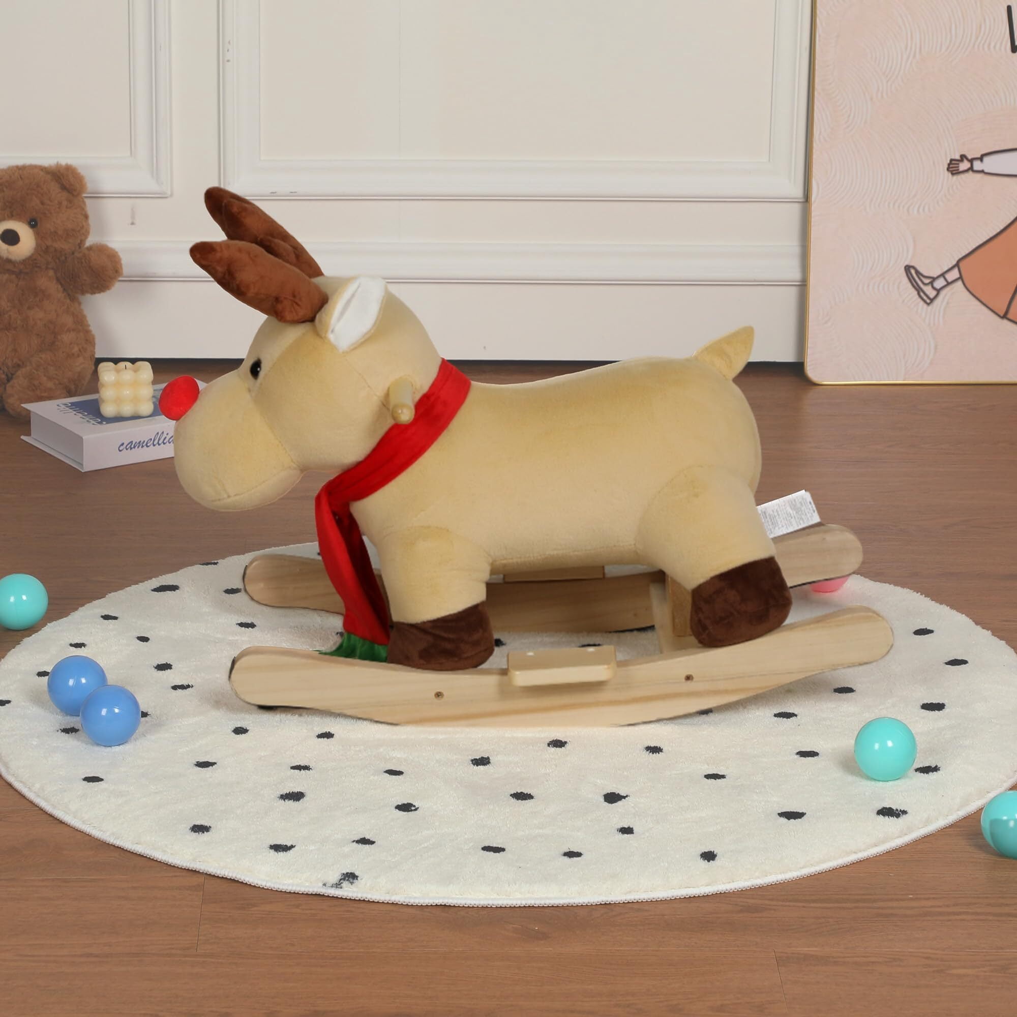 DIPU-Home Moose Ride-On Rocking with Lullaby Song, Hand Puppets, Safety Belt, Plush Rocking Horse for Ages 1-3, Interactive Kids Rocker, Apricot