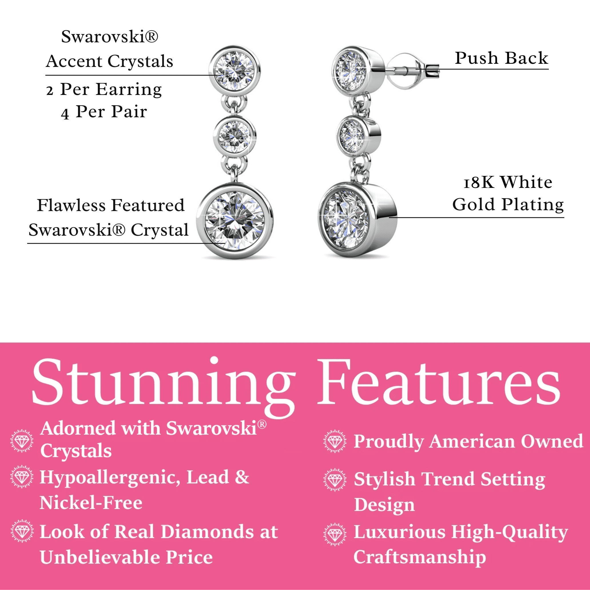 Cate & Chloe Bailey 18k White Gold Plated Dangle Earrings with Swarovski Crystals, Gift for Women