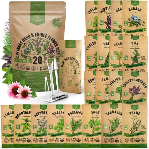 Organo Republic - 20 Culinary Herb & Edible Flower Seeds Varieties - 9955  Non GMO Heirloom Seeds