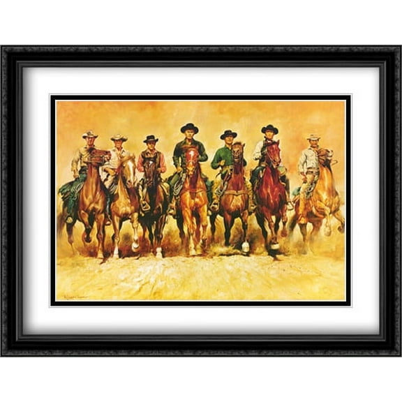 The Magnificent Seven 2x Matted 39x24 Large Black Ornate Framed Art Print by Renato Casaro