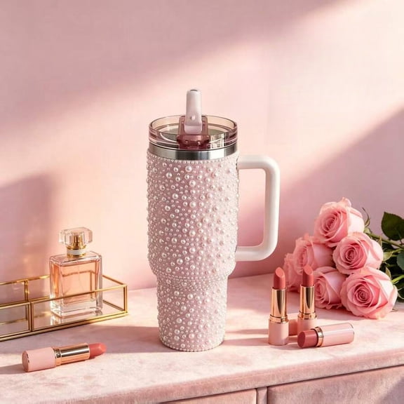 WFPXAMLZZMD Faux Pearl Tumbler – Nude Pink Stainless Steel Water Bottle with Handle & Leakproof Straw,for Home, Office, School, Travel, Gift for Women, Birthday, Wedding, Party Favors