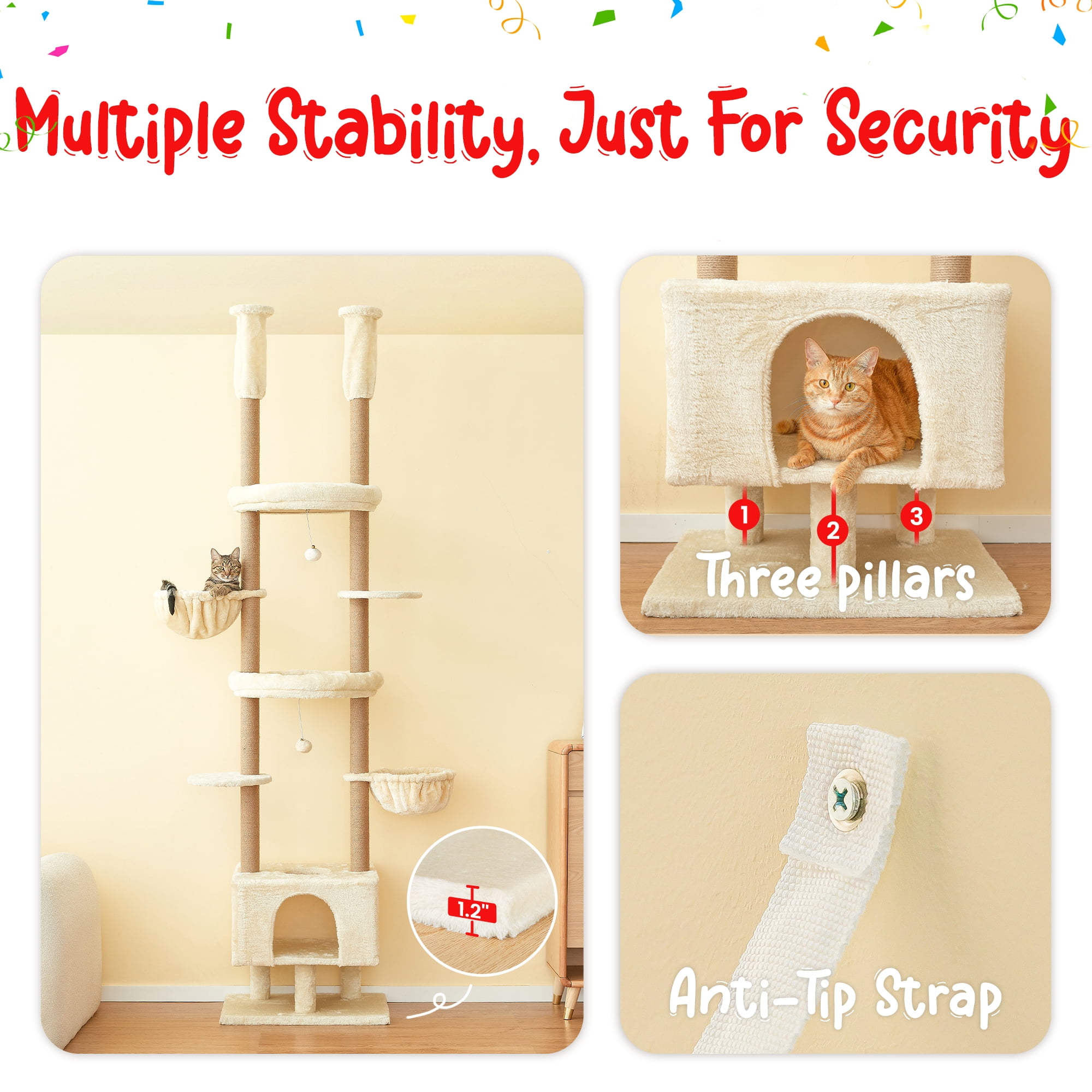 Furcato Cat Tree, Floor to Ceiling Cat Tower Adjustable Height [92.9-102.4 in=235-258cm], 7 Tiers Cat Climbing Play House with Fully Sisal Scratching Post, Beige