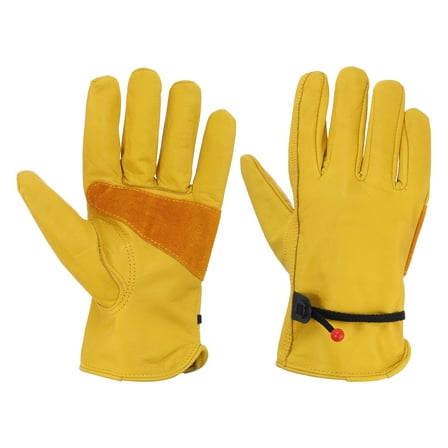 Leather Work Gloves, Adjustable Cowhide Working Gloves, Yellow-M, Pair of 2