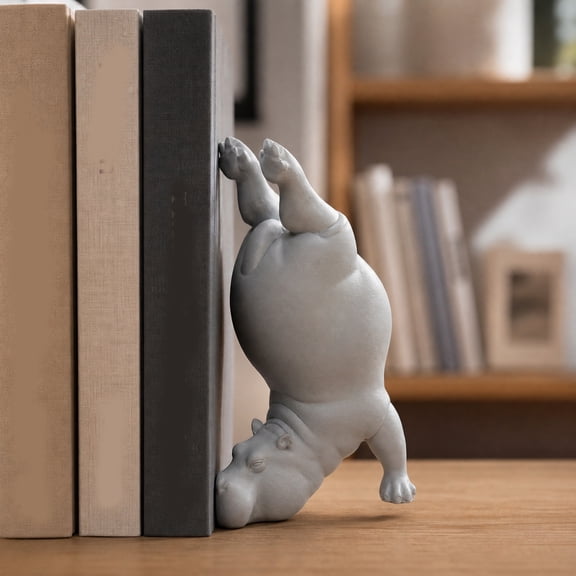 Resin Hippo Bookends Set, Yoga Hippo Statue Book Holder for Shelves, Creative Minimalist Desk Decor for Home Office, Zen Style Tabletop Ornament